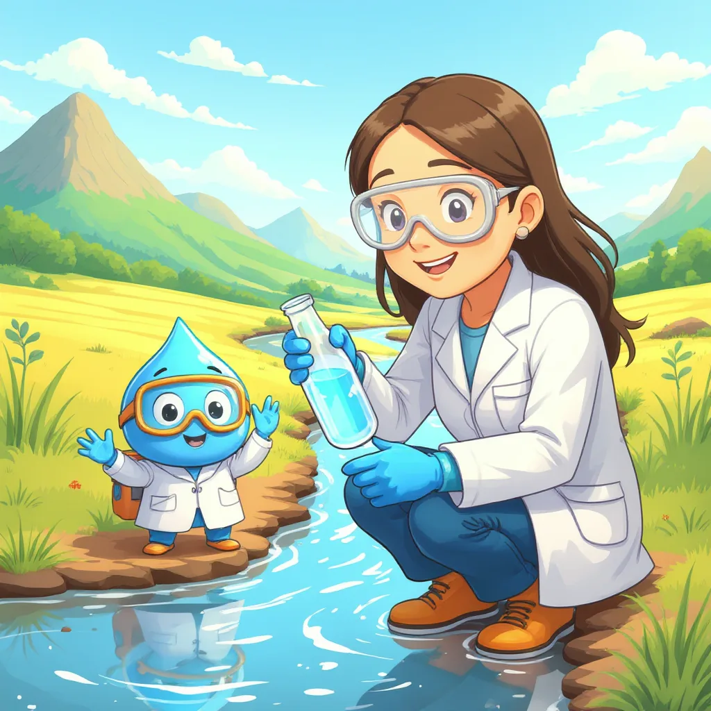 Una científica toma una muestra de agua del río donde está Gotita.