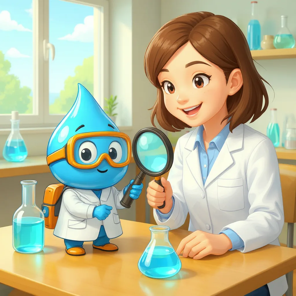 En el laboratorio, Gotita y la científica revisan un matraz con agua usando una lupa.