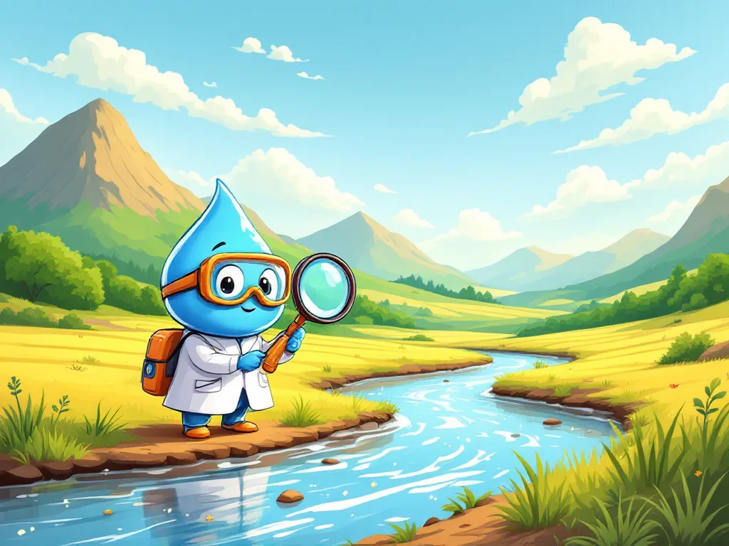 Gotita, una gota de agua con bata de laboratorio y gafas, observa un río con su lupa.