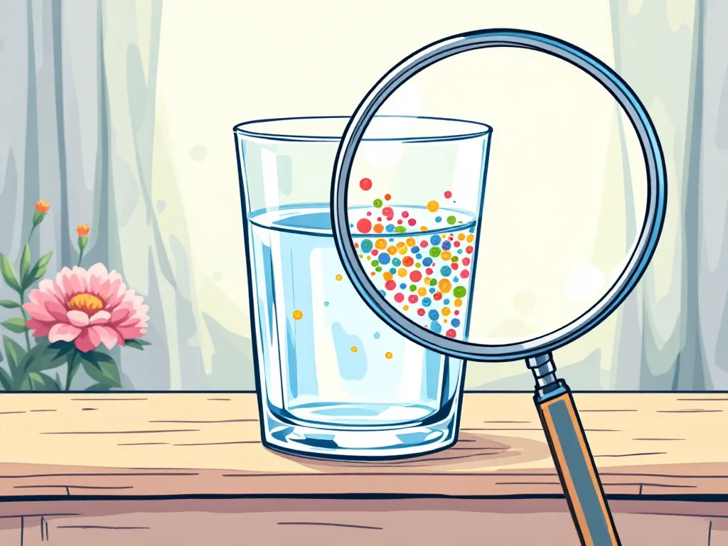 Representación del contenido del agua mediante puntos de colores y una lupa simbólica.