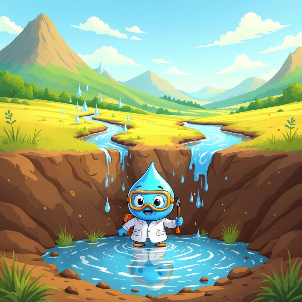 El agua de lluvia corre por el campo y se filtra por la tierra hasta un pozo donde está Gotita.