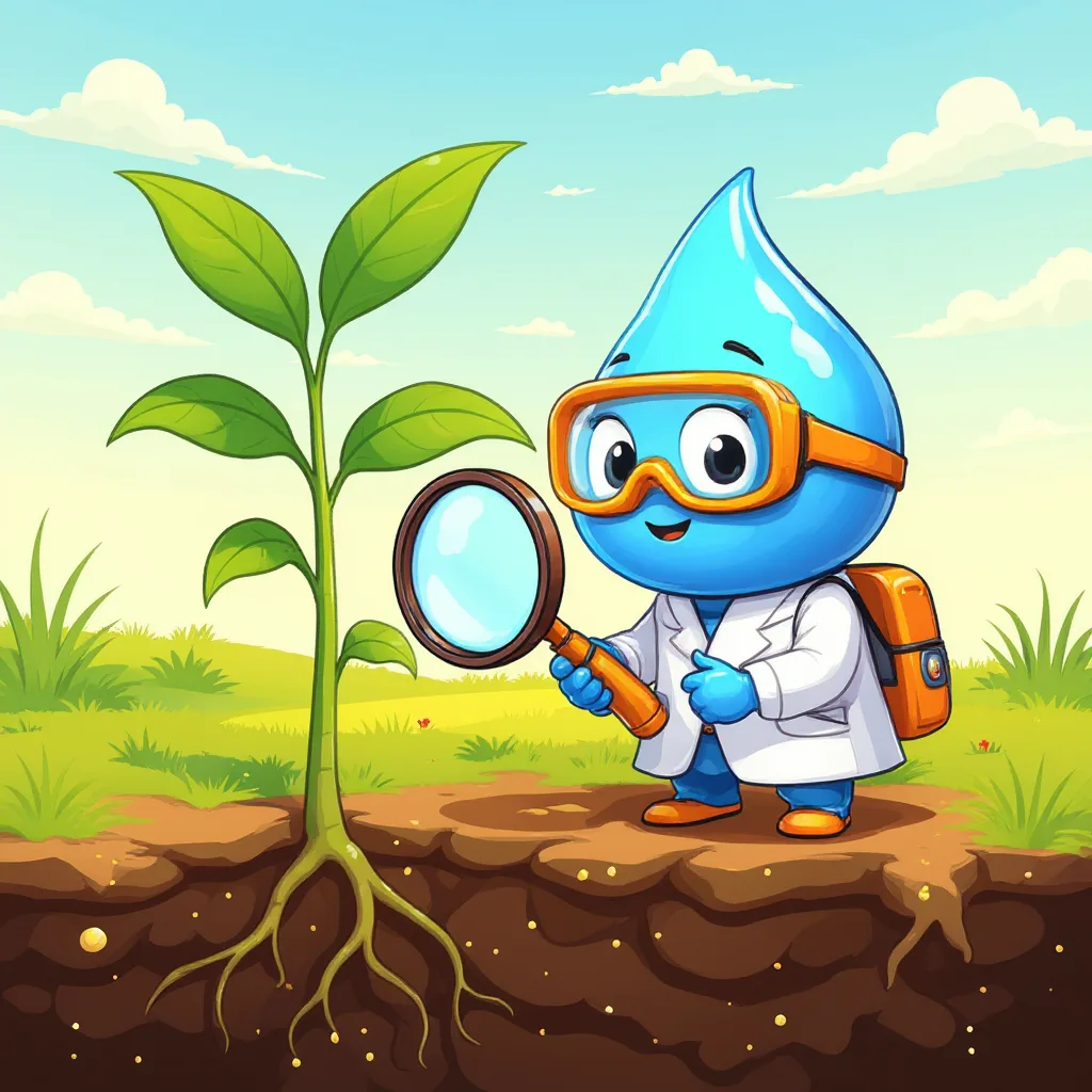 Gotita observa con su lupa una planta que crece en el suelo.