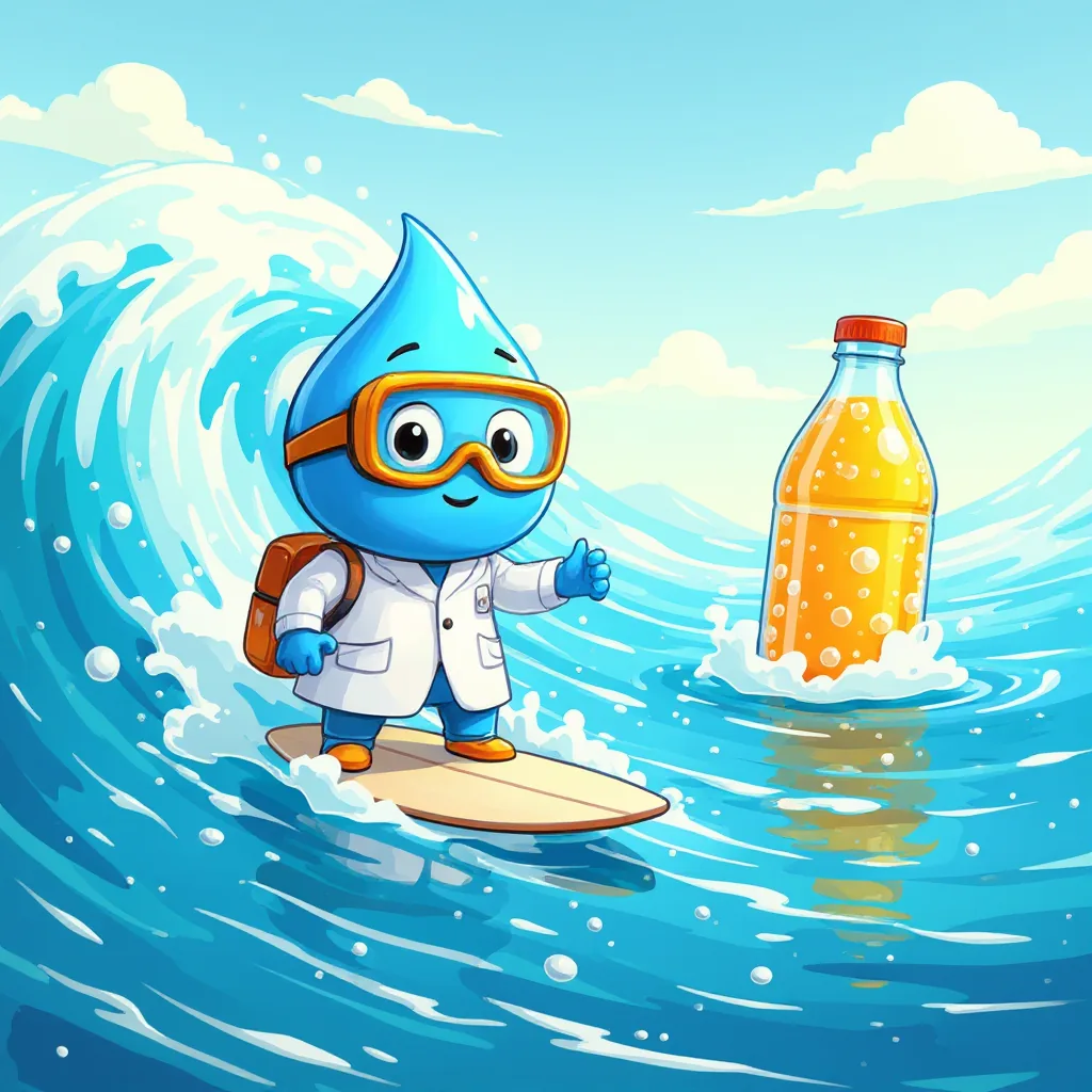 Gotita surfea una ola junto a una botella de gaseosa con burbujas.