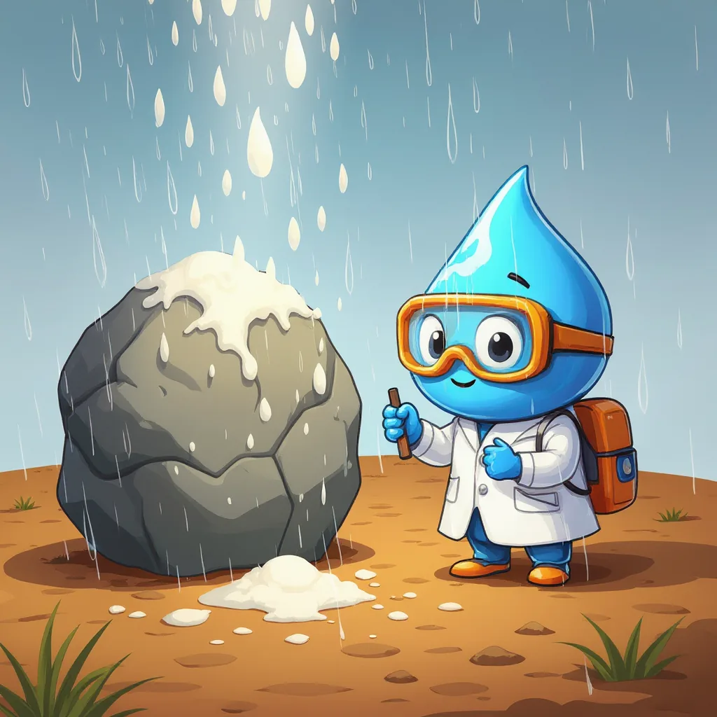 La lluvia cae sobre una roca y le desprende granitos blancos mientras Gotita observa.