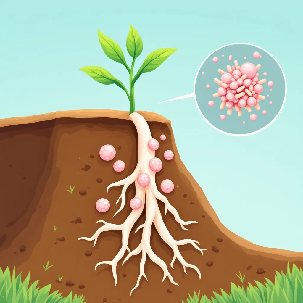Raíces de una planta de fríjol con bolitas rosadas; una lupa muestra bacterias dentro de una bolita.