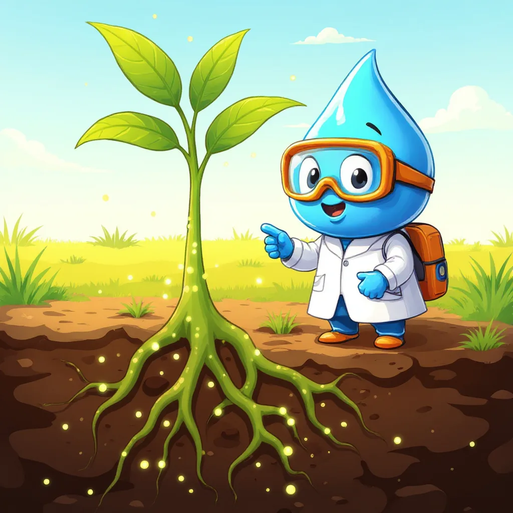 Las raíces de una planta absorben partículas brillantes del suelo y Gotita las señala.