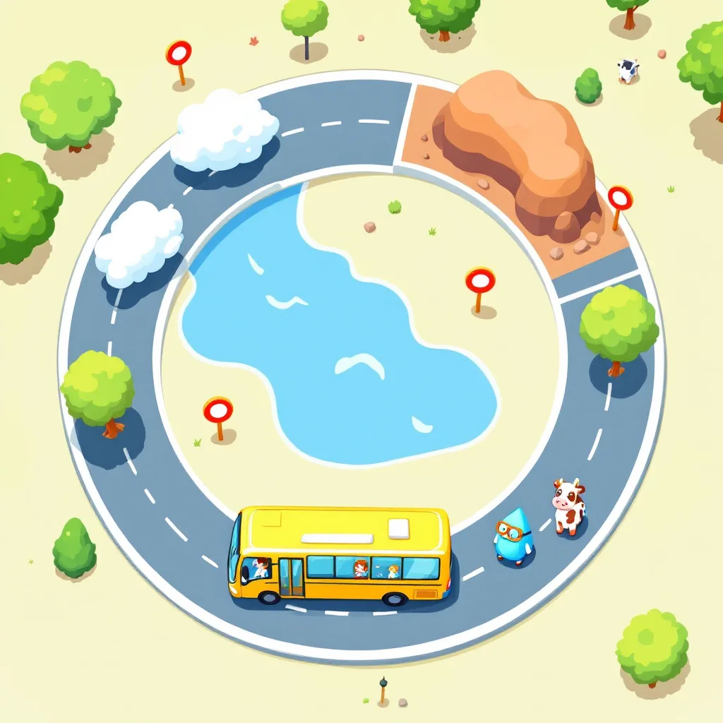 Gotita conduce un bus por una ruta circular con paradas en una nube, un río, una montaña de tierra y un árbol; pequeños átomos suben y bajan.