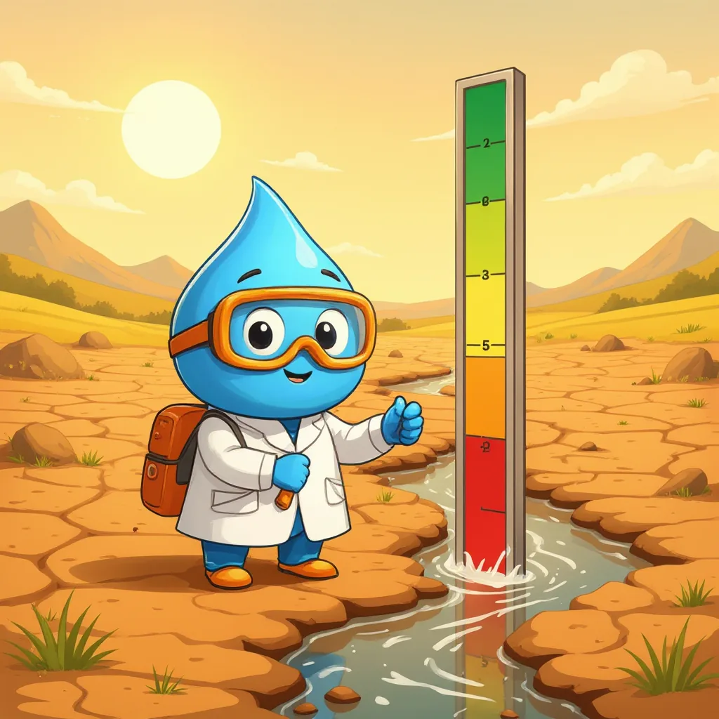 Bajo un sol fuerte, el río es un hilo de agua entre barro seco y agrietado; Gotita está junto a la regla.