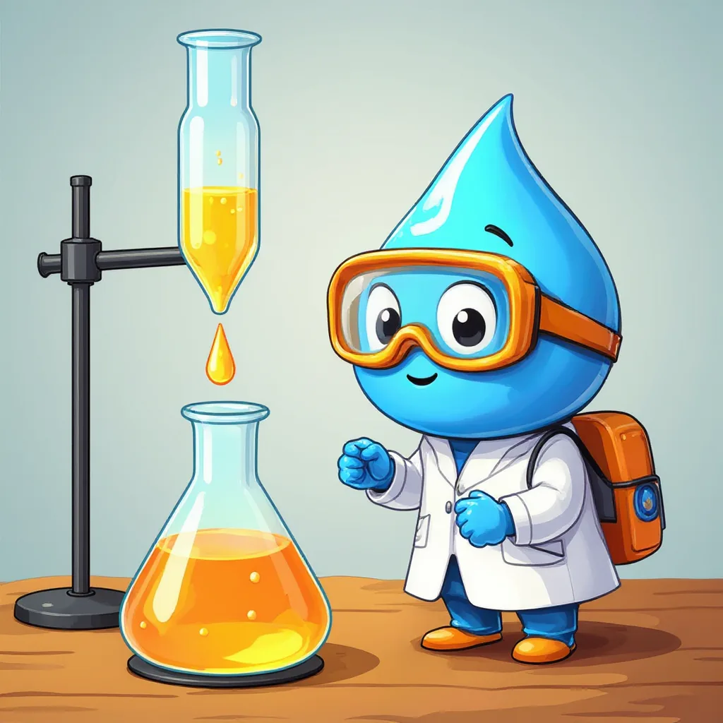 Una bureta deja caer una gota en un matraz cuyo líquido pasa de amarillo a naranja; Gotita observa con su lupa.