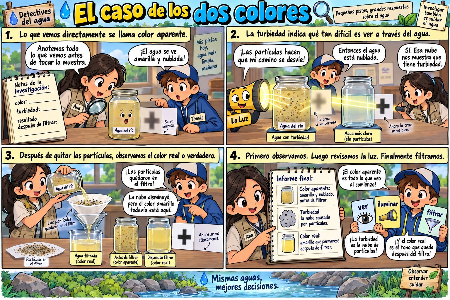 Cómic «El caso de los dos colores»: dos detectives observan agua de río amarilla y nublada, la iluminan, la filtran y comparan el color aparente con el color real.