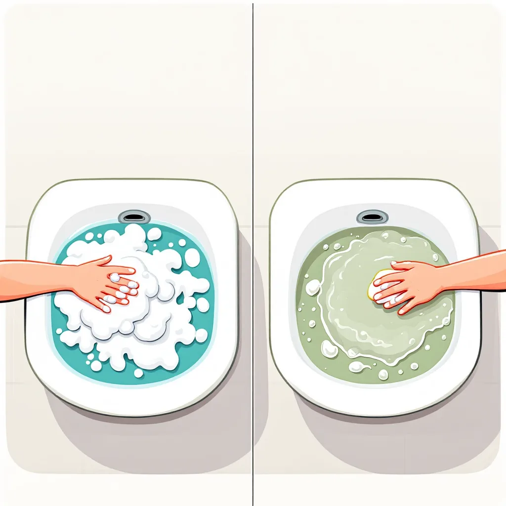 Dos lavamanos: en uno el jabón hace mucha espuma; en el otro casi no hace espuma y deja una capa gris.