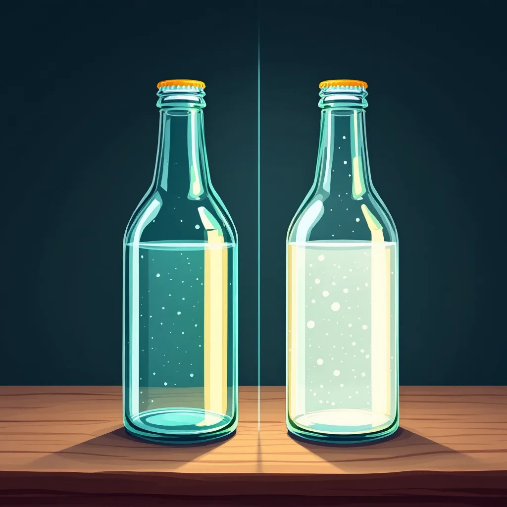 Dos botellas de agua: la de la izquierda es transparente y la de la derecha se ve lechosa por las partículas que flotan.