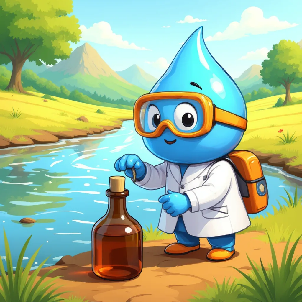 Gotita junto al río con una botella de vidrio oscuro para tomar la muestra.