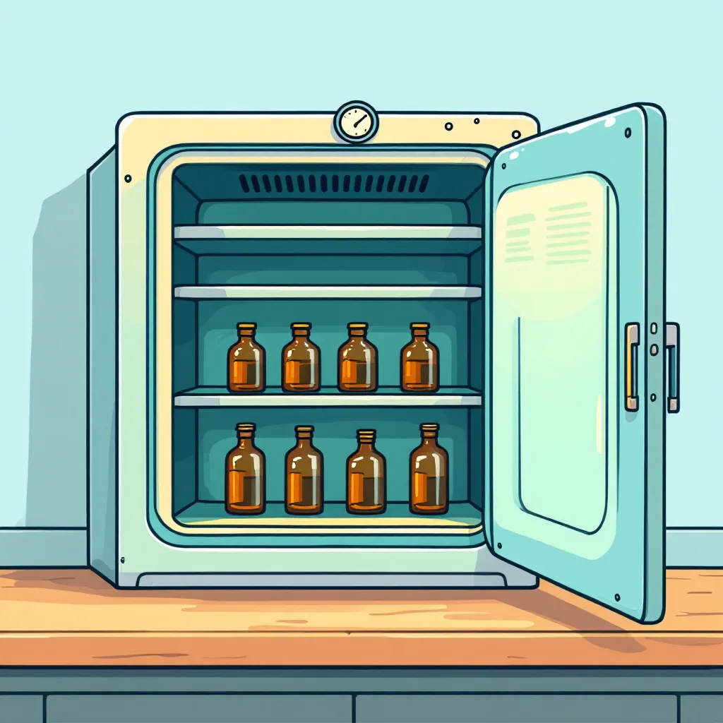 Una incubadora abierta con varias botellas de vidrio oscuro en sus estantes.