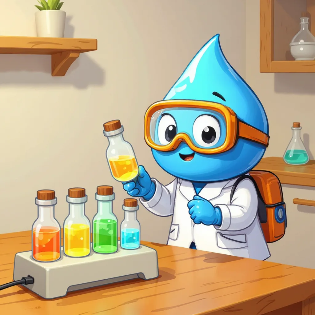 Gotita, con guantes y gafas, saca con pinzas un tubo de un bloque calefactor lleno de tubos con líquidos de colores.