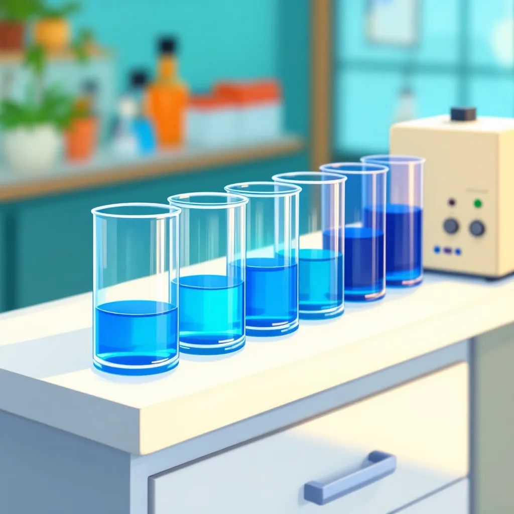 Seis cubetas con líquido azul, de casi transparente a azul oscuro, junto a un espectrofotómetro.