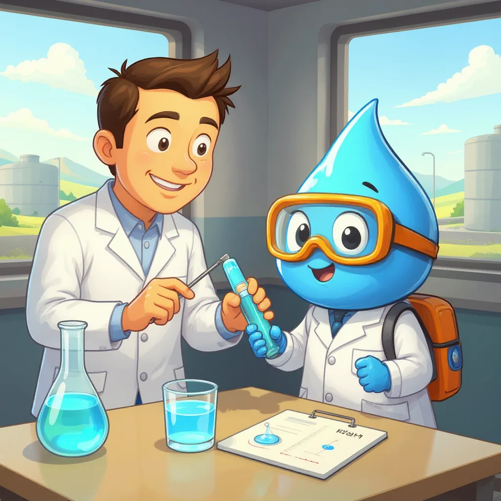 En el laboratorio de una planta de tratamiento, un técnico y Gotita analizan una muestra de agua de la llave.