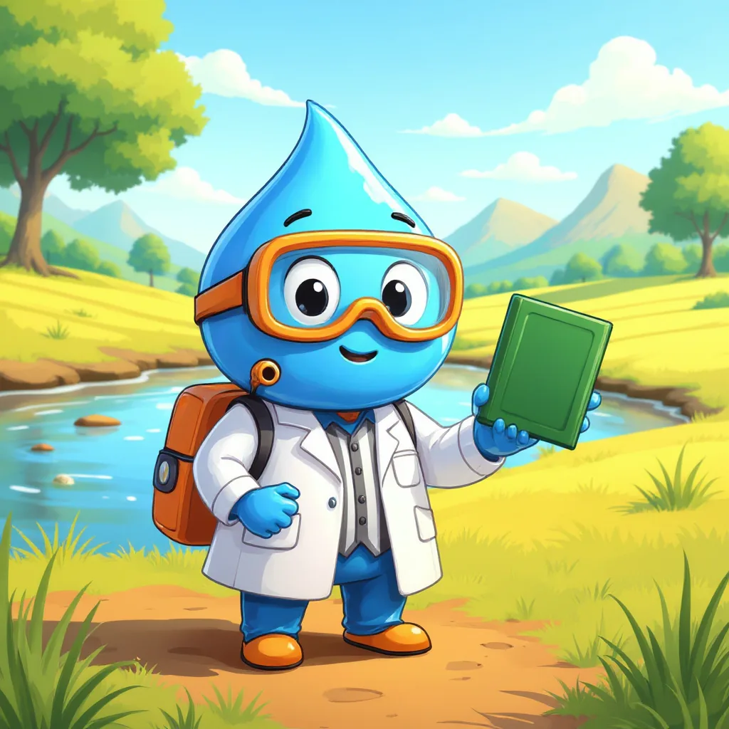 Gotita sostiene un libro verde de reglas junto a un río limpio.